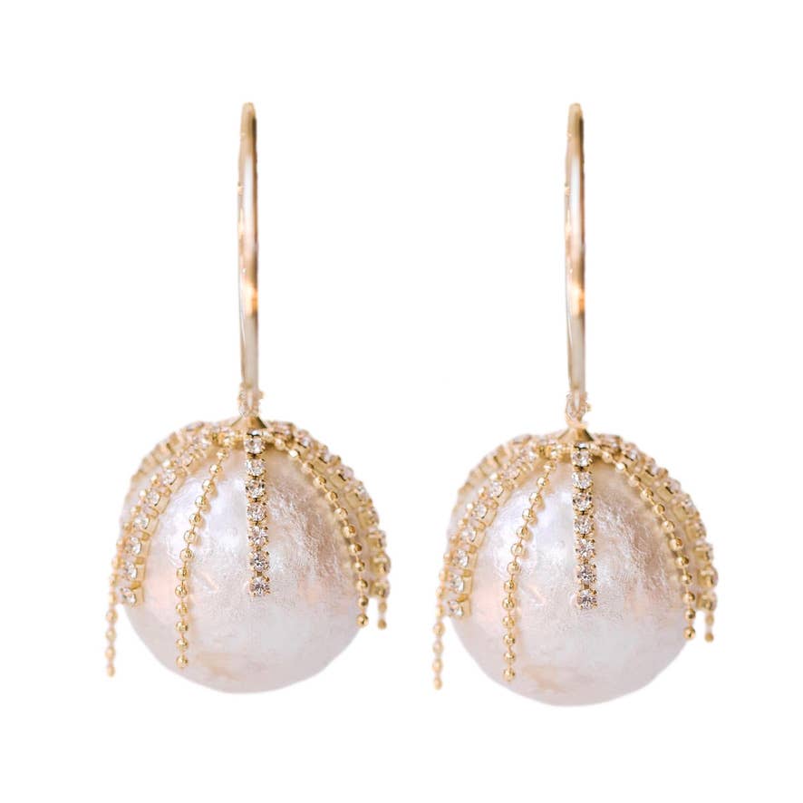 St Armands Designs of Sarasota - Diamond Fringe Holiday Pearl Hoop Earrings