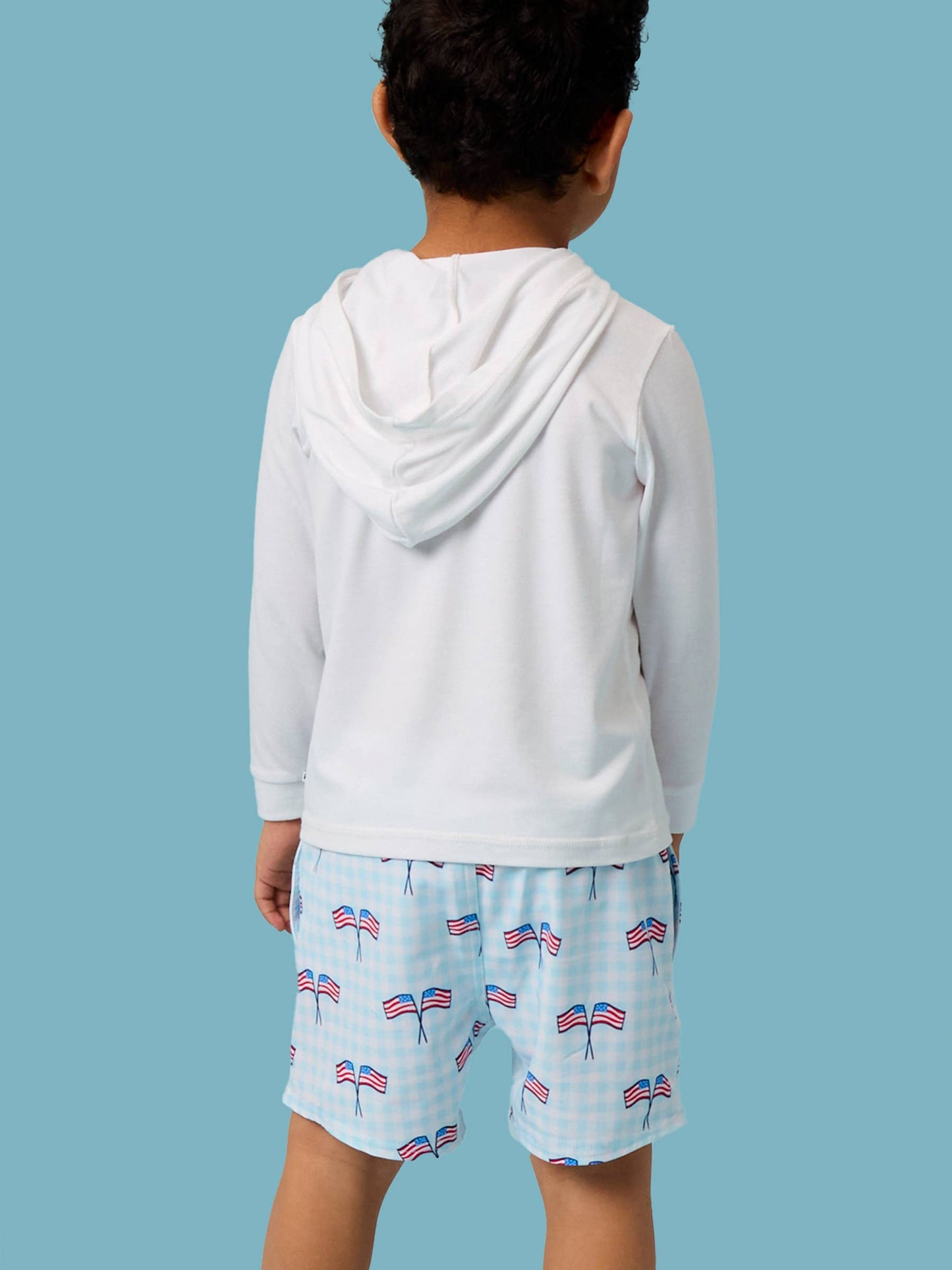 RuffleButts + RuggedButts - Boys Blue Patriotic Gingham Performance Hybrid Swim Trunks