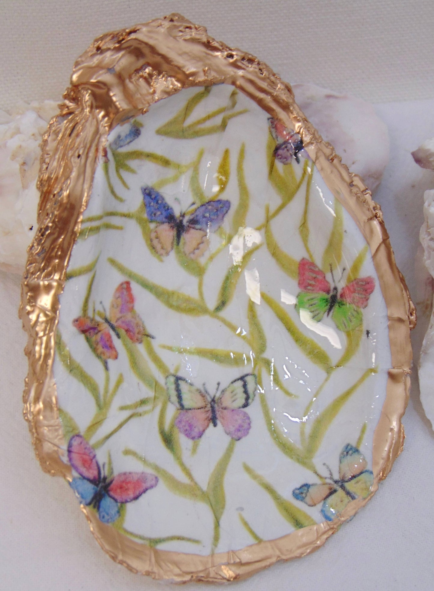 Lowcountry Linens - Designer Oyster Shell Jewelry Bowl Green Butterfly Garden