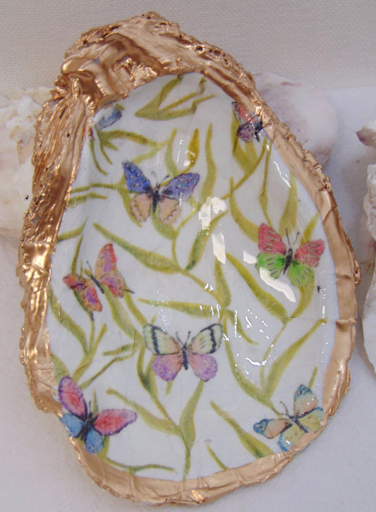 Lowcountry Linens - Designer Oyster Shell Jewelry Bowl Green Butterfly Garden