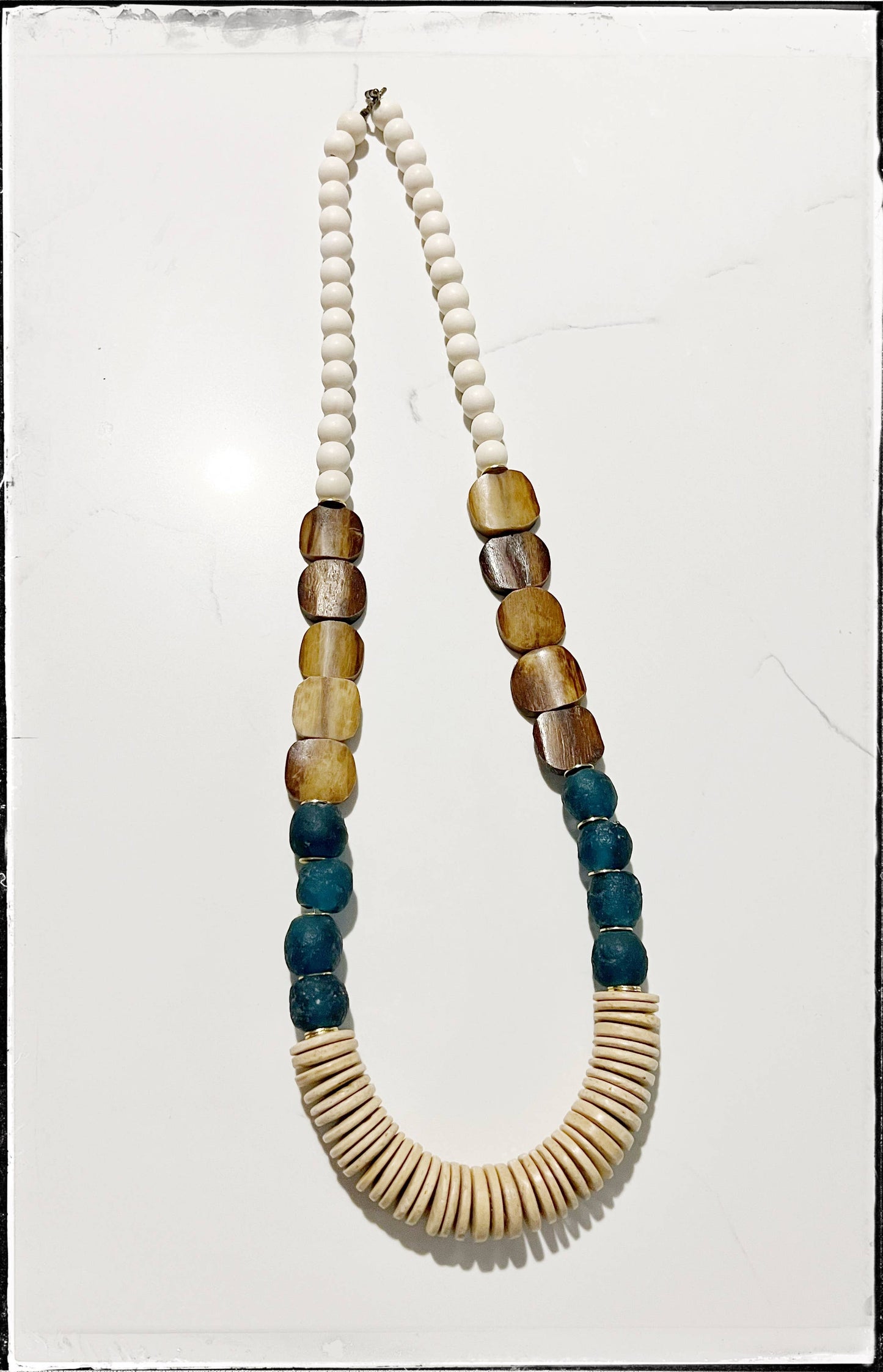 GentrybyJenna - Teal Recycled Glass & Tan African Bone Bead Long Necklace