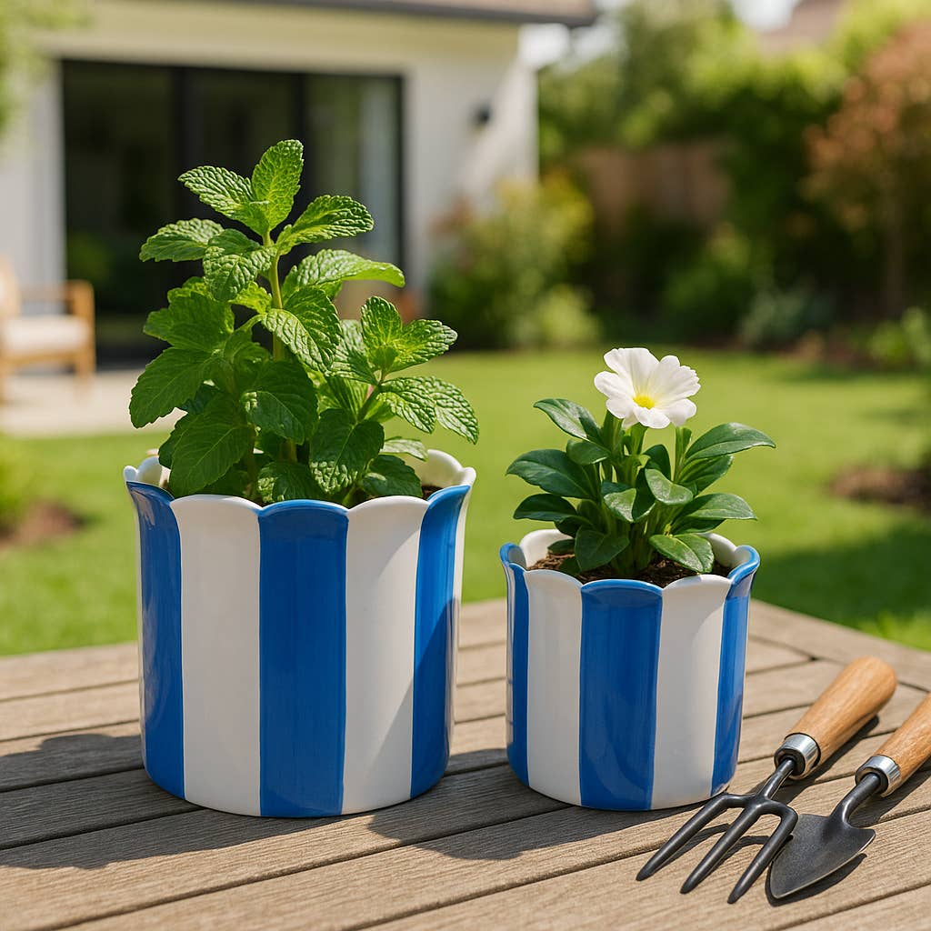 Sagebrook Home - Planters Set of 2 - Blue Ceramic Striped Scallop, 6/8 in.