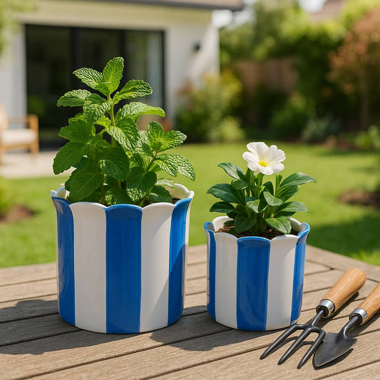 Sagebrook Home - Planters Set of 2 - Blue Ceramic Striped Scallop, 6/8 in.