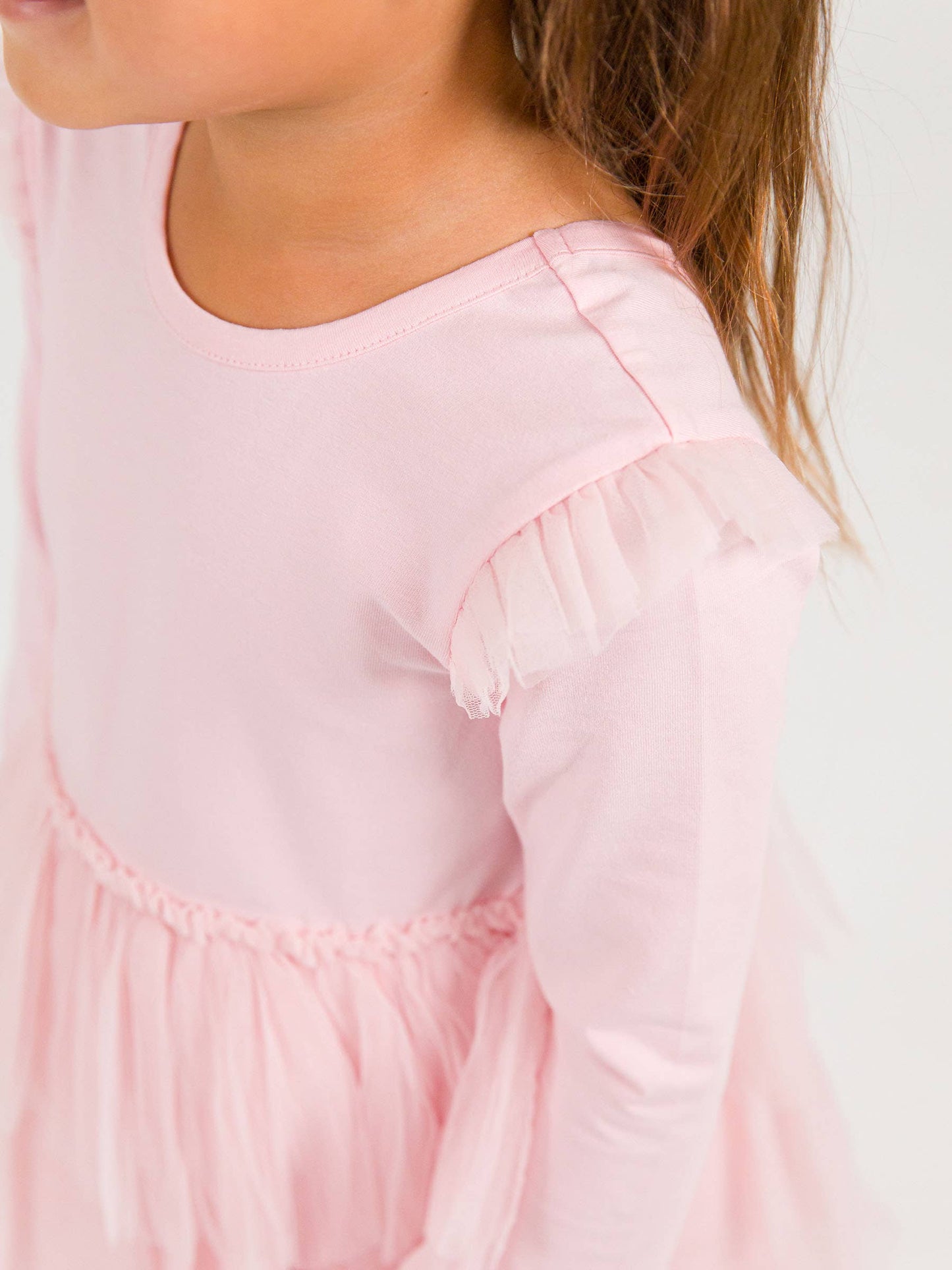 RuffleButts + RuggedButts - Girls Pink Flutter Tulle Long Sleeve Twirl Dress