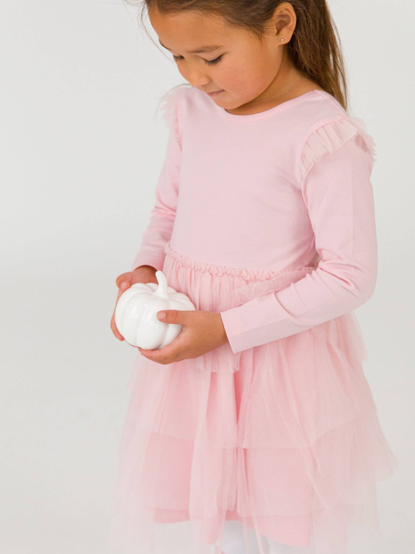 RuffleButts + RuggedButts - Girls Pink Flutter Tulle Long Sleeve Twirl Dress