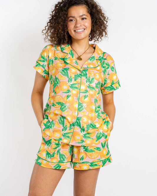 The Royal Standard - Orange Grove Short Sleeve Button Up Sleep Shirt   Pink/Orange