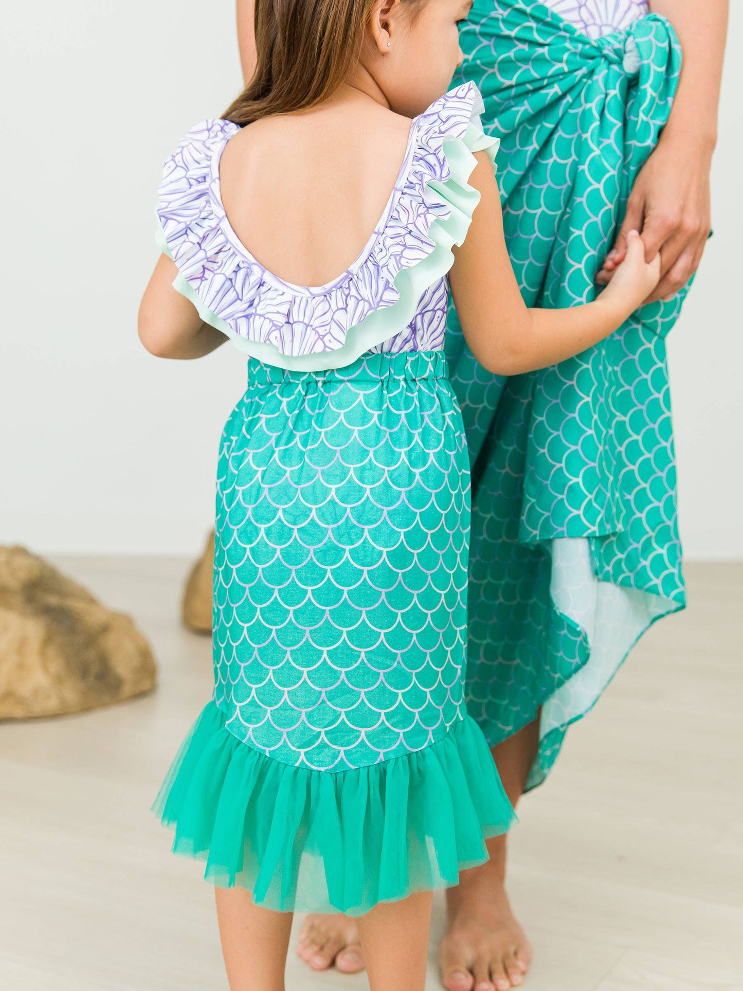 RuffleButts + RuggedButts - Girls Marine Green Scales Mermaid Tail Skirt Cover-Up