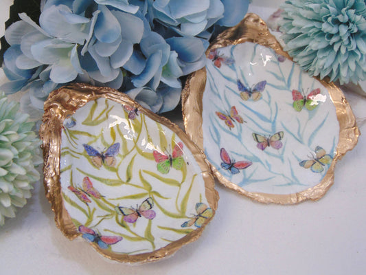 Lowcountry Linens - Designer Oyster Shell Jewelry Bowl Green Butterfly Garden