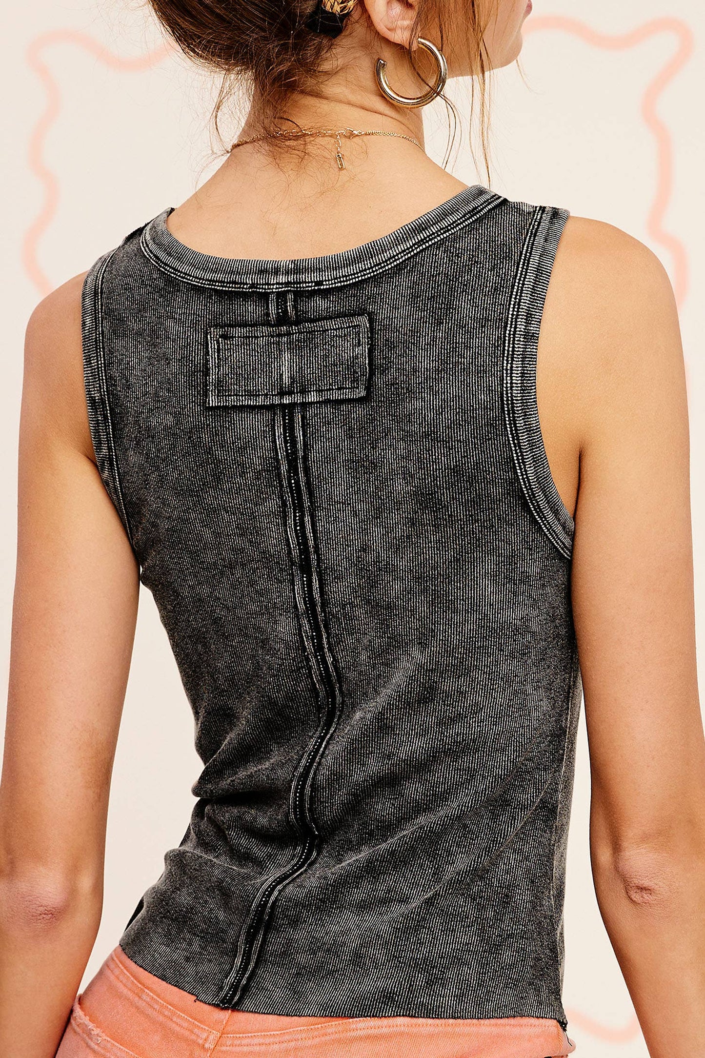 La Miel - Mineral Washed Back Patch Detail Breathable Tank Top
