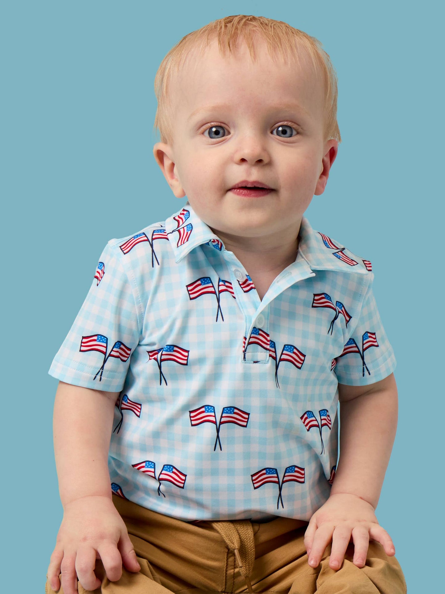 RuffleButts + RuggedButts - Boys Blue Patriotic Gingham Knit Short Sleeve Performance Polo