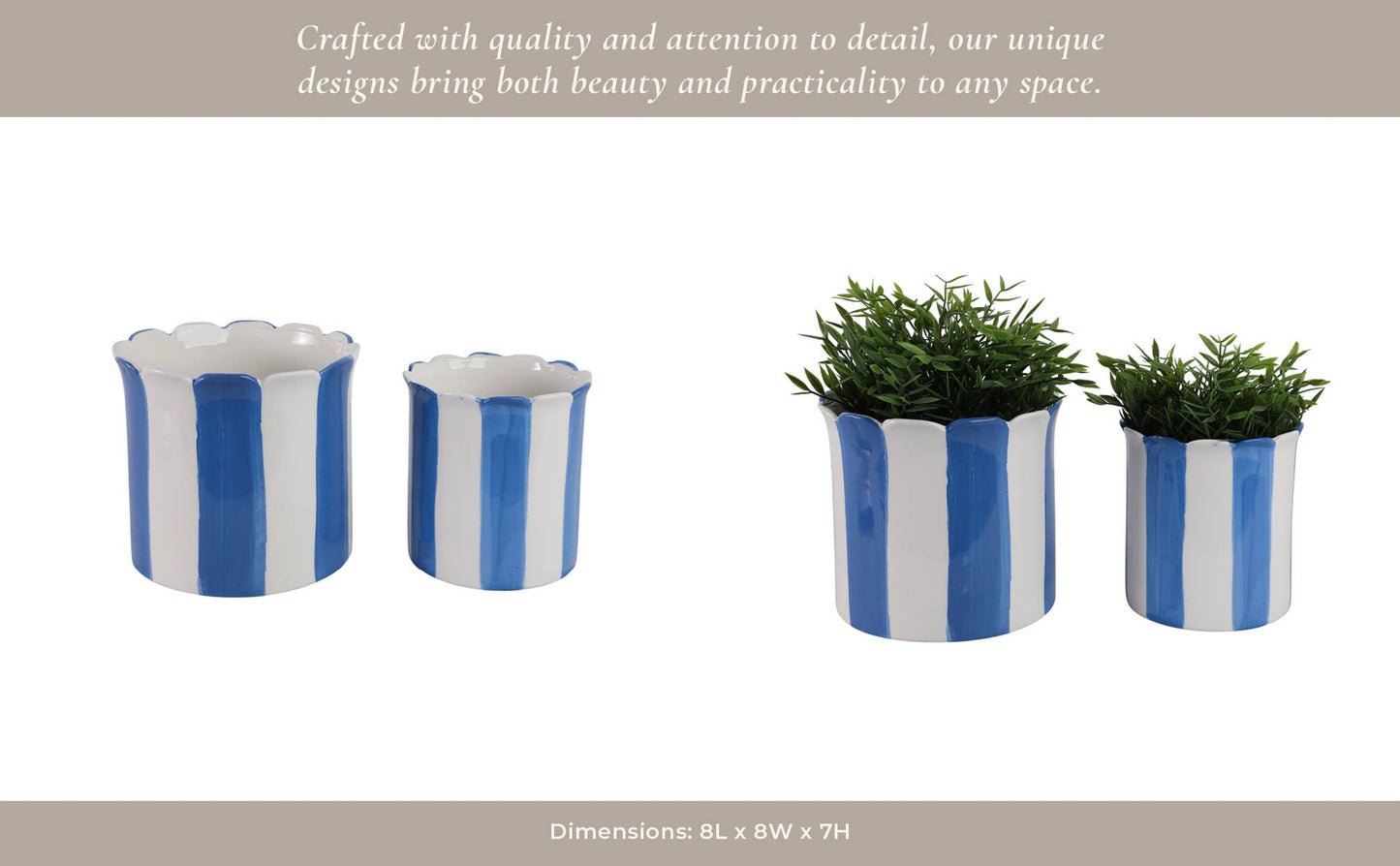 Sagebrook Home - Planters Set of 2 - Blue Ceramic Striped Scallop, 6/8 in.