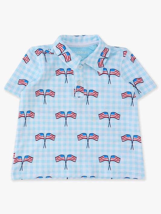RuffleButts + RuggedButts - Boys Blue Patriotic Gingham Knit Short Sleeve Performance Polo