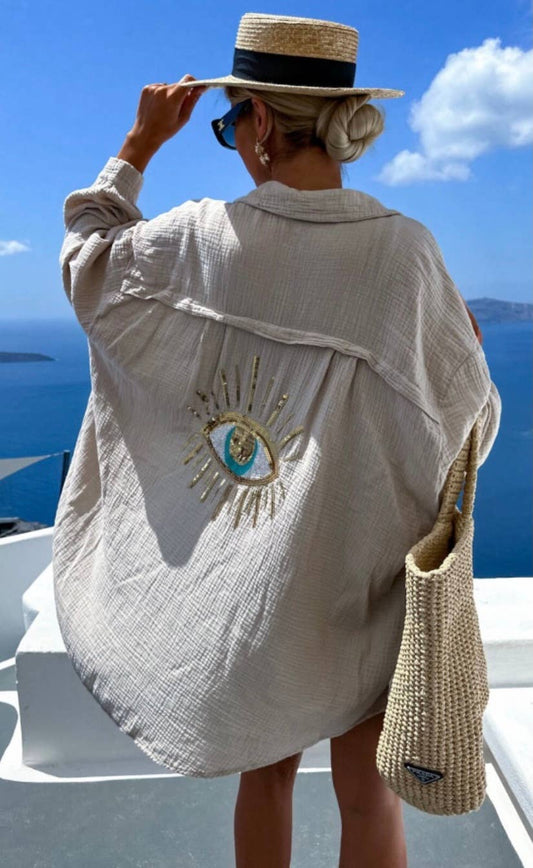 LOOWIE - E2 Beige Oversized Evil Eye Gauze Cotton  Button Shirt