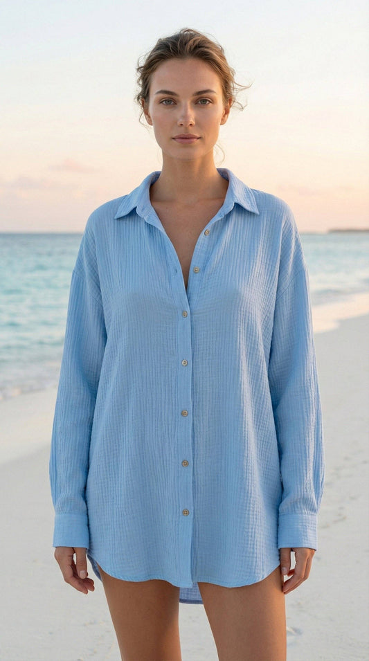 LOOWIE -  Italian OS Blue Gauze Cotton Cover Up Button Shirt