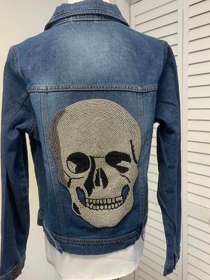 Pearls & Camo - Denim Jacket - Skull