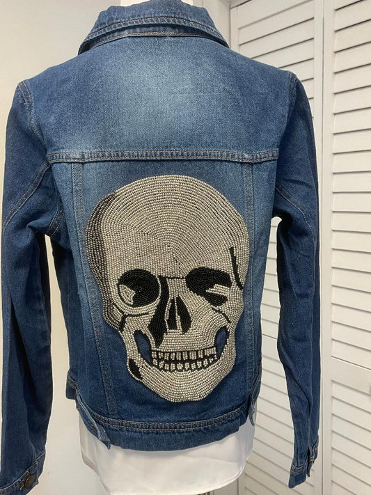 Pearls & Camo - Denim Jacket - Skull