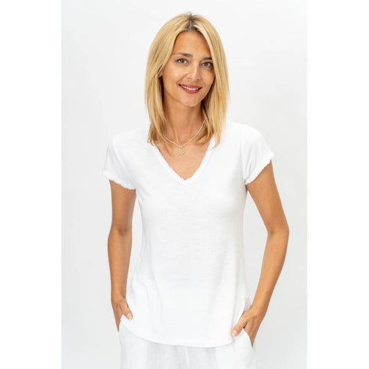 Look Mode- Raw Edge V Neck Top