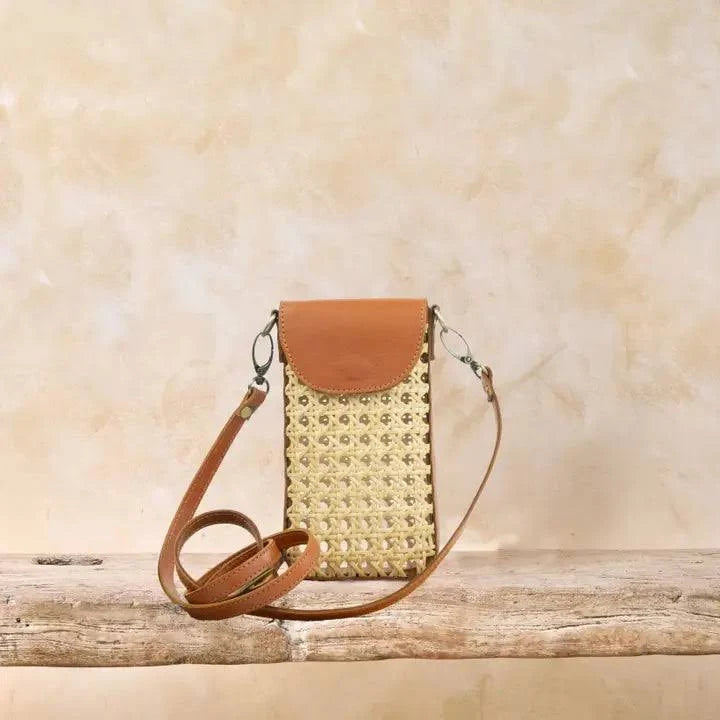 The Winding Road - Rattan Cane Weave Cell Crossbody Leather Trim