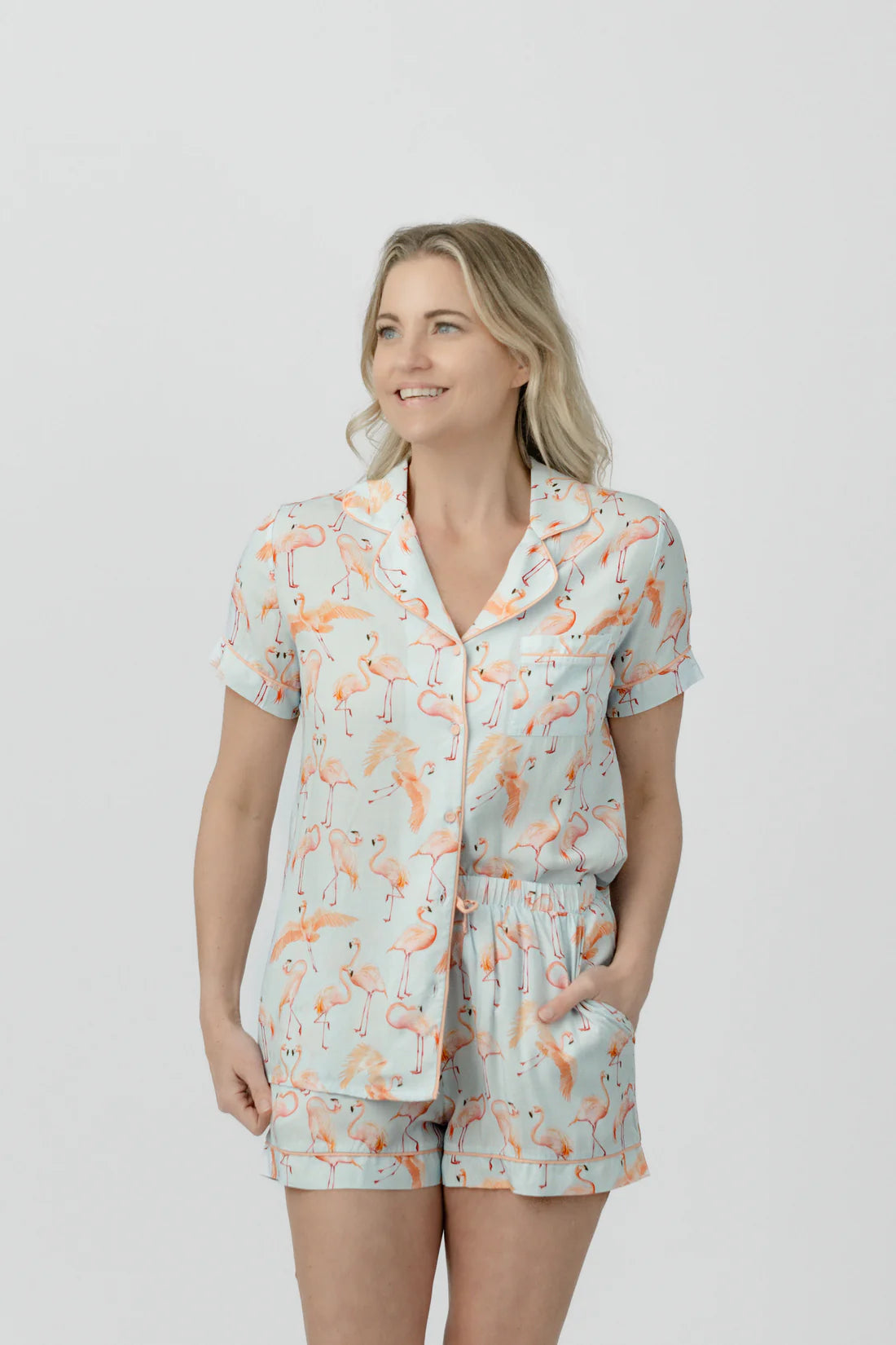 Imbali- Spring Flamingo button down short pj set