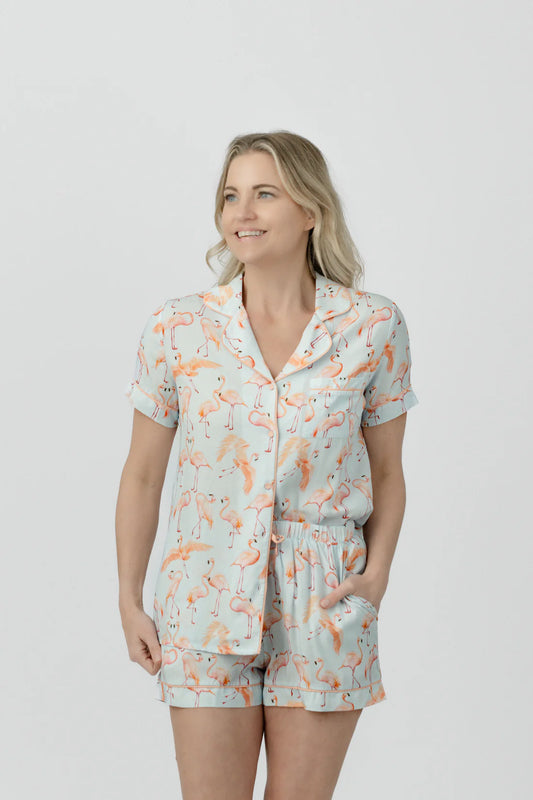 Imbali- Spring Flamingo button down short pj set