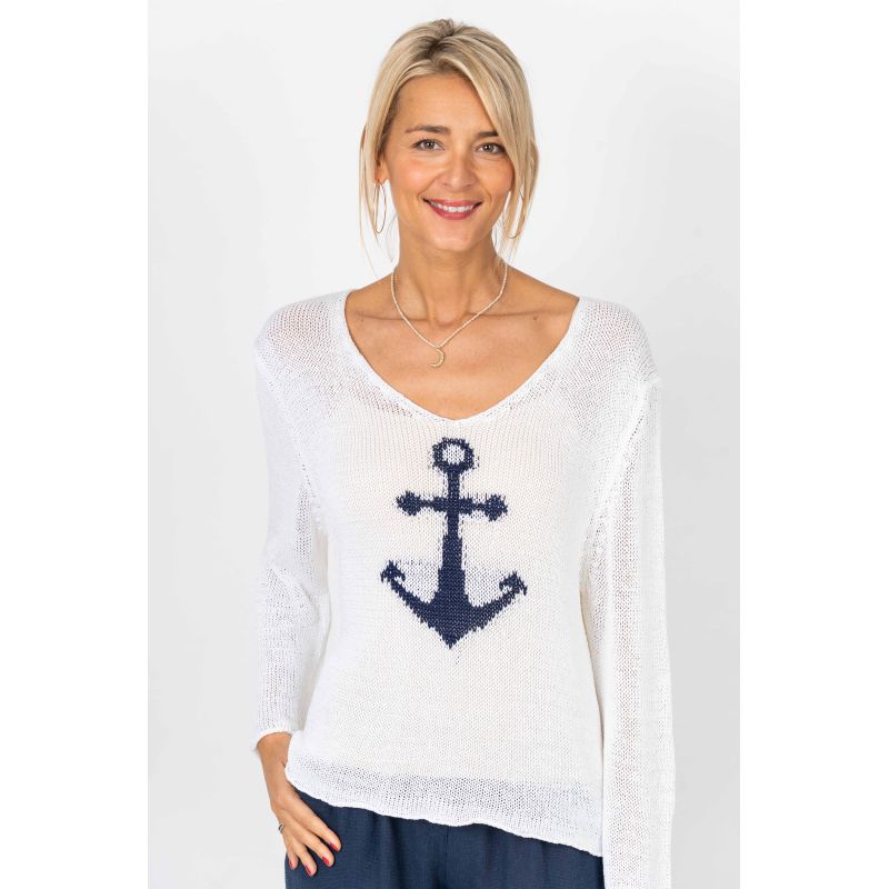 Look Mode-Anchor Sweater - V Neck White