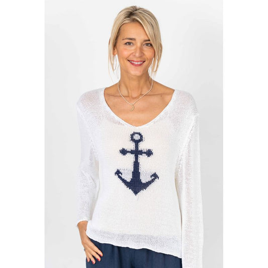 Look Mode-Anchor Sweater - V Neck White