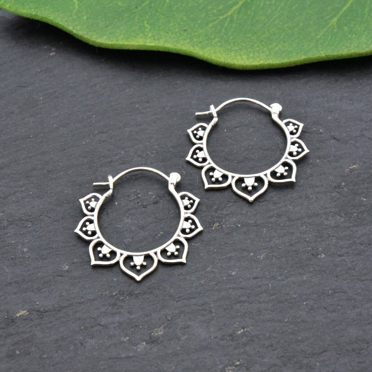 Silver lotus decorated drop hoop earrings - SSE084