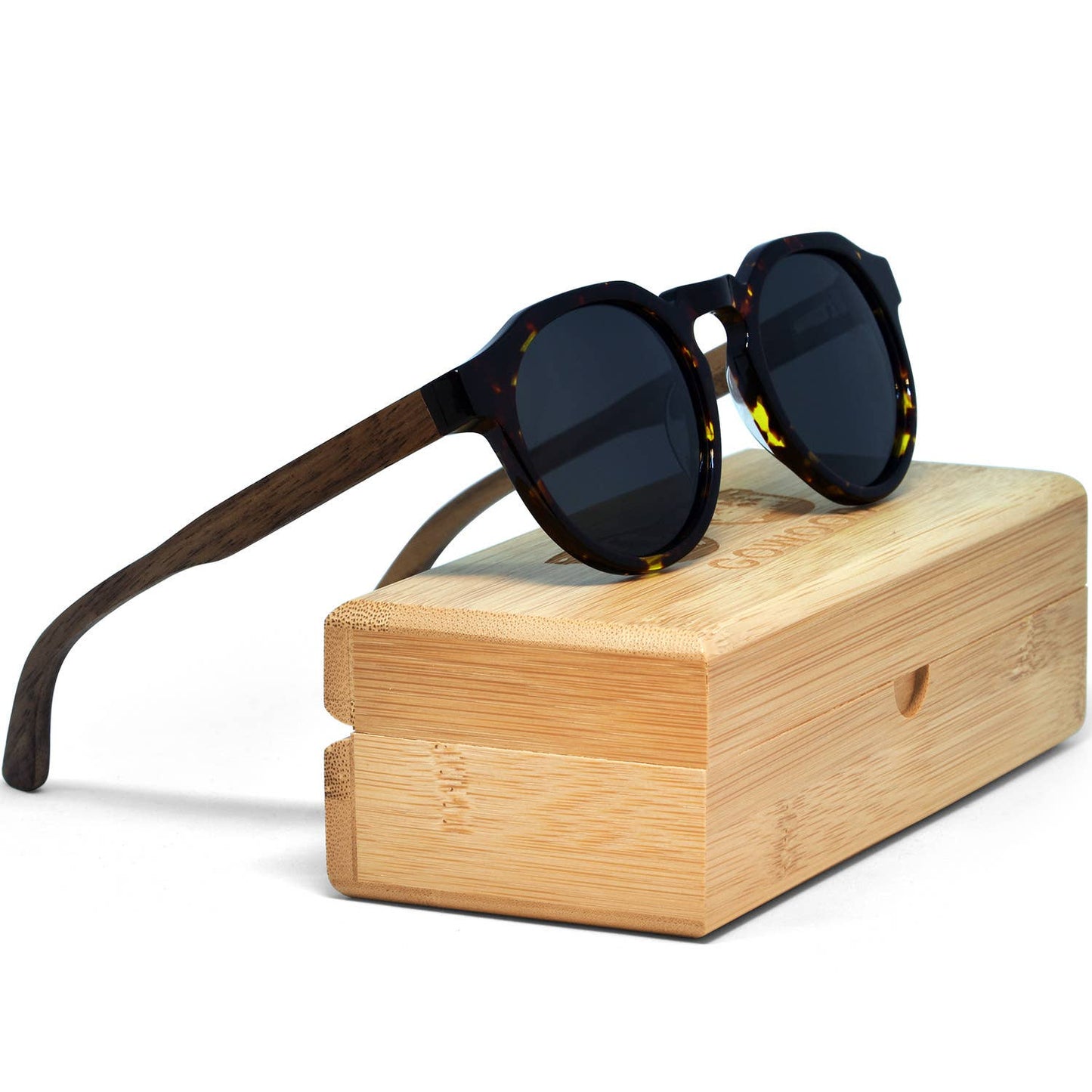 Walnut Panto Sunglasses Tortoise Frame Black Polarized Lens