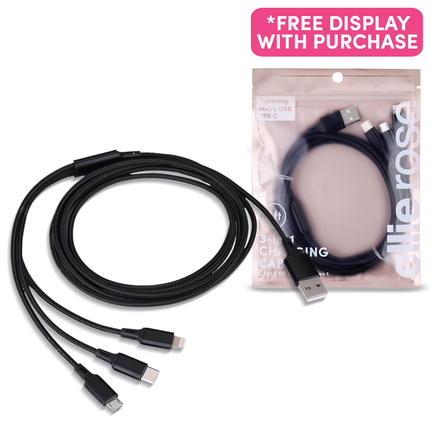 3-in-1 Charging Cable 6 Ft Nylon - Black