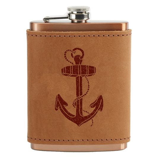 Leather Flask Wrap with 8oz Copper Plated Stainless Flask: Anchor