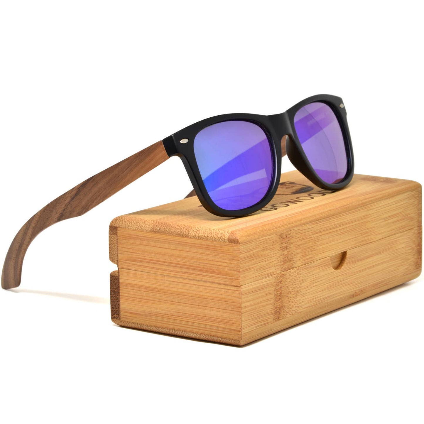 Walnut Wood Sunglasses with Blue Mirrored Polarized Lenses