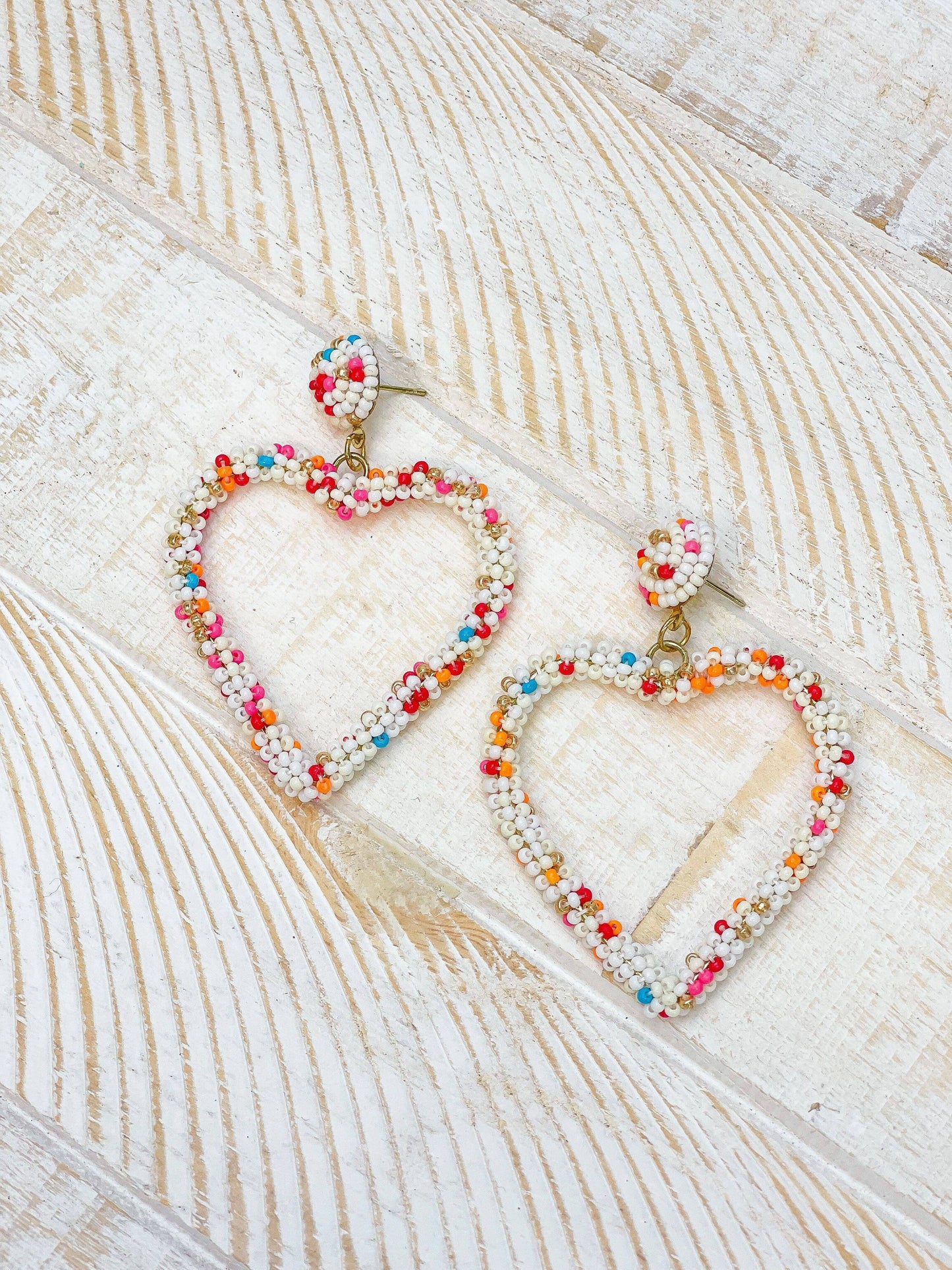 Open Heart Beaded Dangle Earrings - White MultiColor