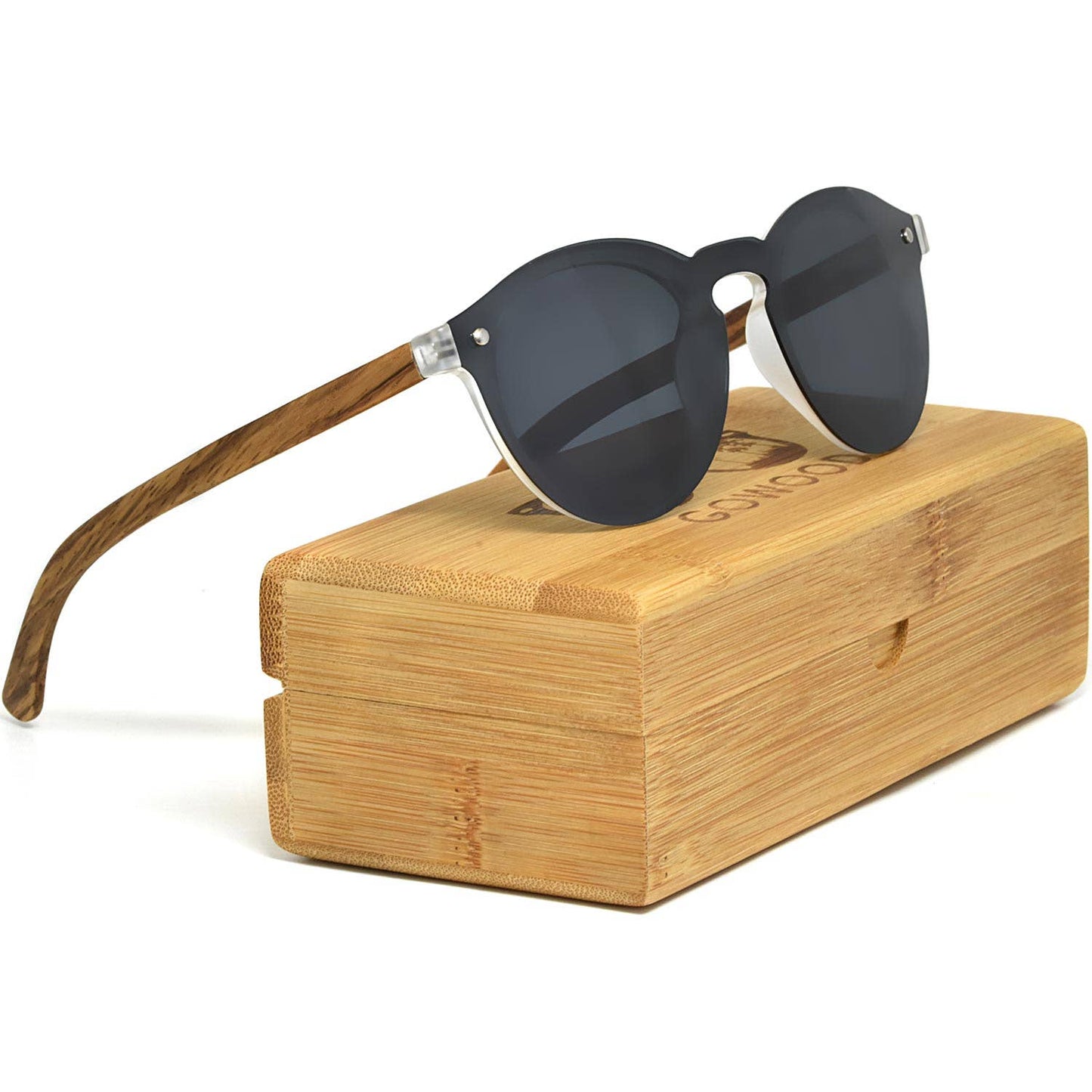 Round Zebra Wood Sunglasses with Black Polarized Lenses