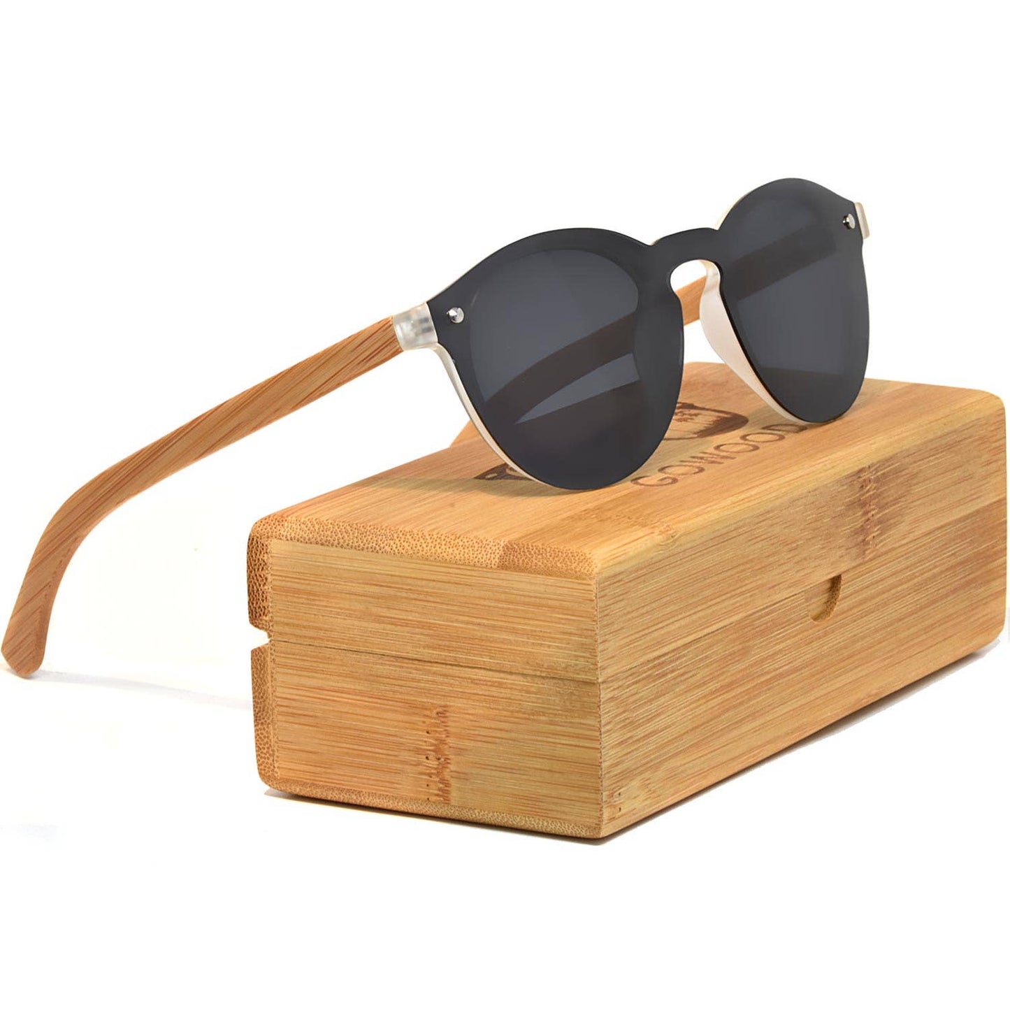 Round Bamboo Wood Sunglasses with Black Polarized Lenses