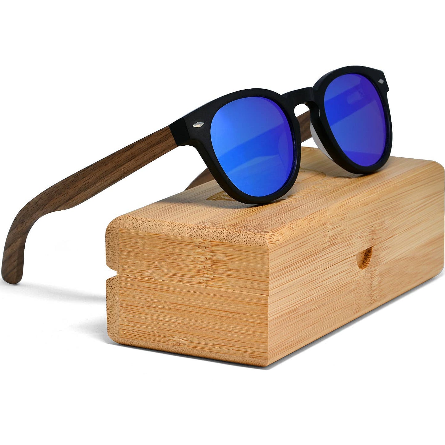 Round Walnut Wood Sunglasses With Blue Mirrored Lenses