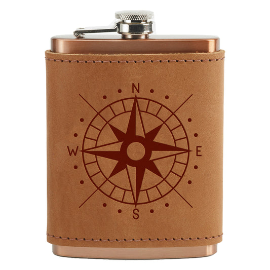 Leather Flask Wrap with 8oz Copper Plated Stainless Flask: Compass