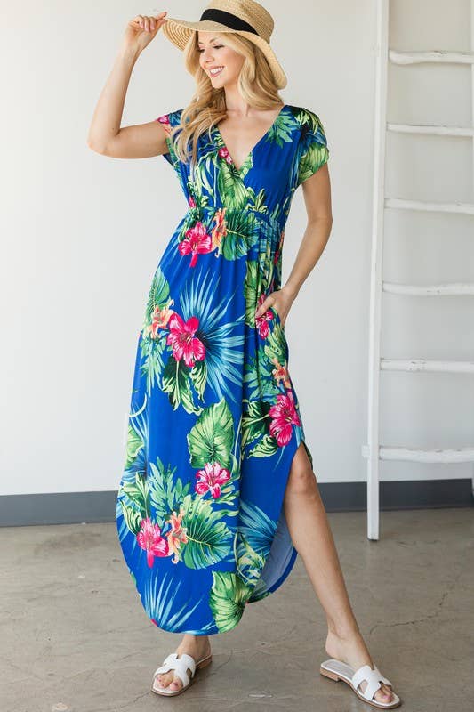 OPEN BACK V NECK TROPICAL DRESS