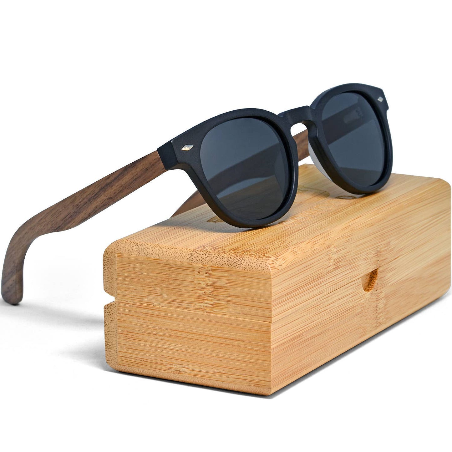 Round Walnut Wood Sunglasses With Black Polarized Lenses