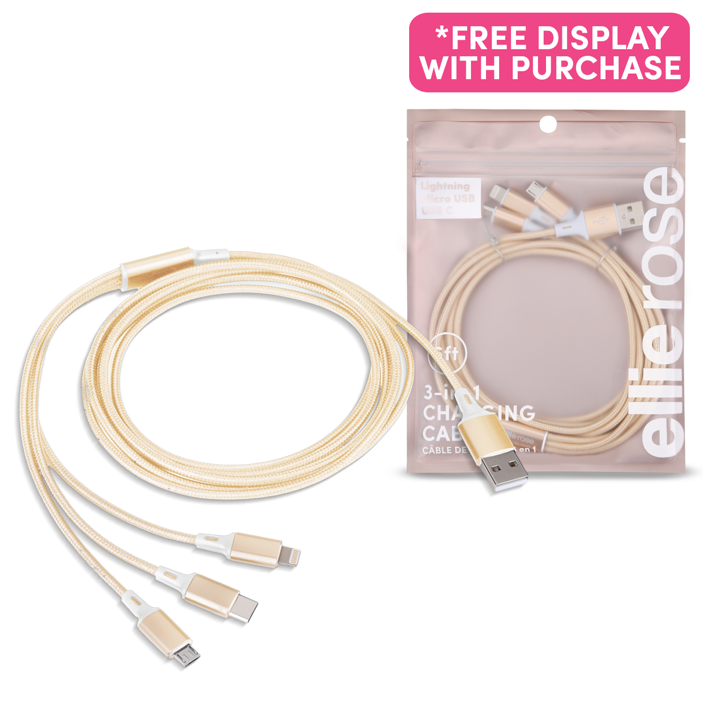 3-in-1 Charging Cable 6 Ft Nylon - Gold